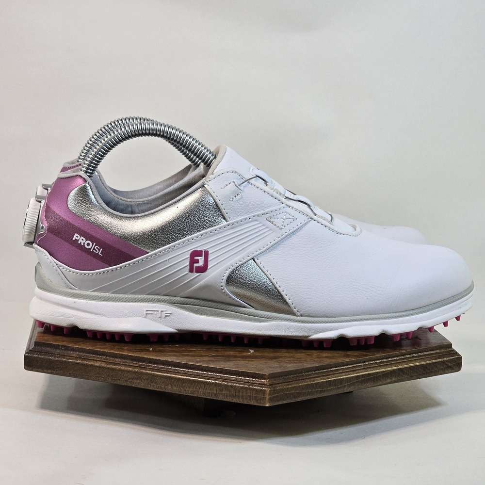 FootJoy Golf Shoes Womens Size 8.5 White Silver Pro SL BOA Spikeless Leather